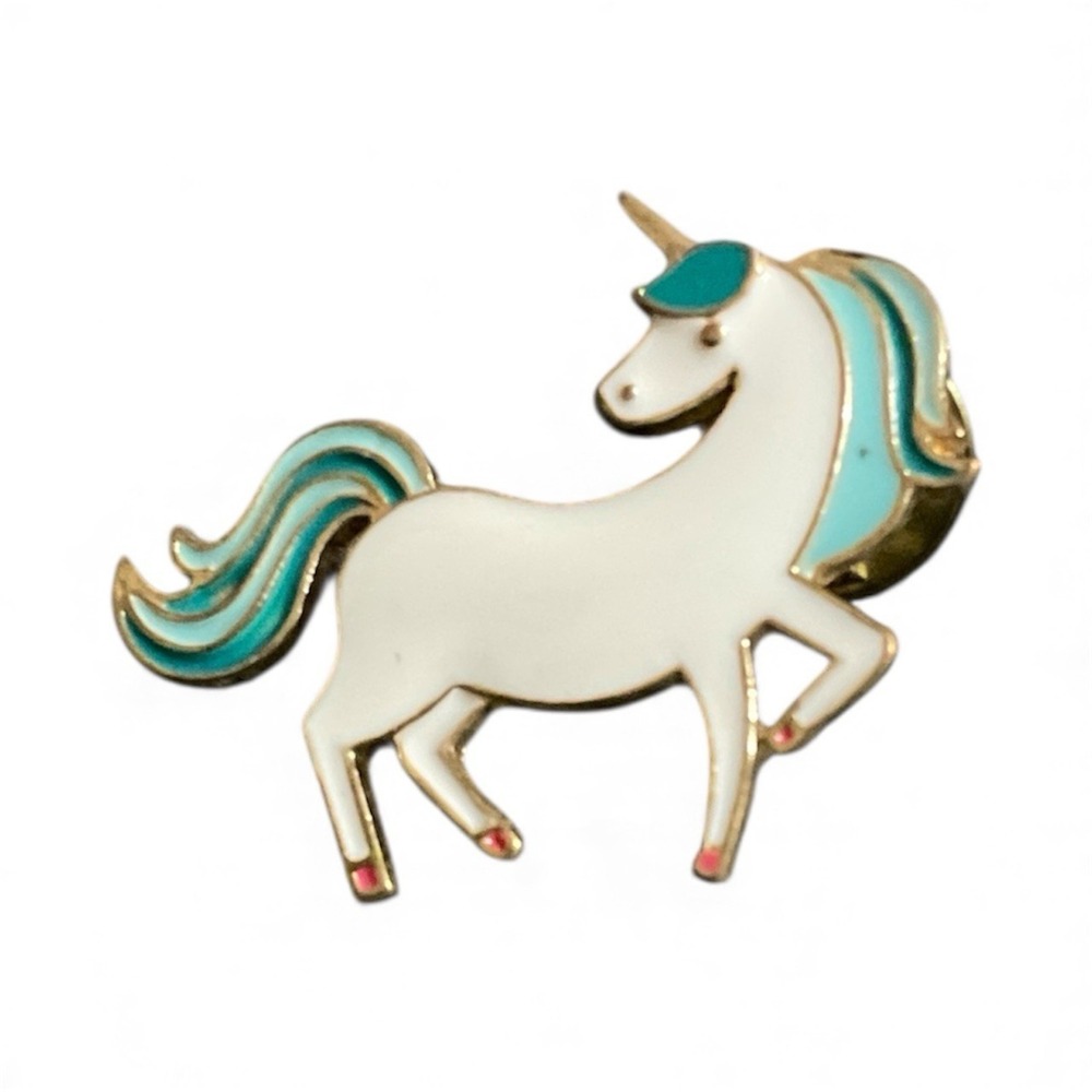Vtg Unicorn Enamel Lapel Pin Pinback Tie Tac White Teal Gold Tone USA